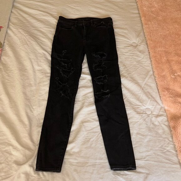 American Eagle Black Distressed Hi-Rise Skinny Jegging - Picture 1 of 7
